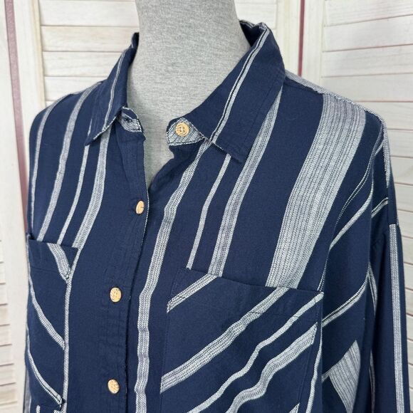 Sandy & Sid Striped Long Sleeve‎ Button Up Crop Shirt Blue White Large - Picture 5 of 12